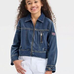American Girl Kids Youth Floral Embroidered Zip Front Blue Denim Jacket Size XL